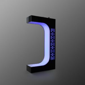 Force levitation saber stand glowing with blue accent lights, front view, shown without a saber