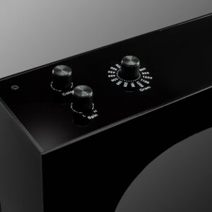 Close-up of the Force levitation saber stand control knobs for color, spin speed, and weight settings