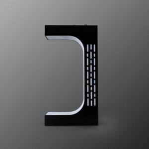 Force levitation saber stand with white glowing accent lights on a gray background