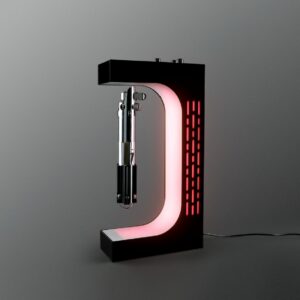 Force levitation saber stand with red glowing accent lights and a silver and black lightsaber hilt levitating in its curved cutout