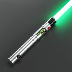 Angled view of The Vos lightsaber hilt highlighting the chrome finish