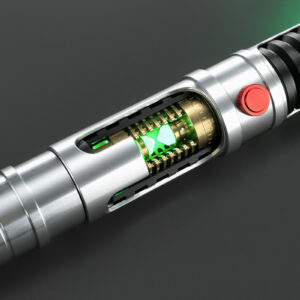 The Vos chrome lightsaber detail showing the crimson activation button