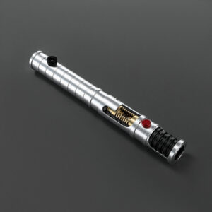 Detail of The Vos lightsaber hilt grooves and chrome polish