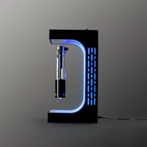 Force levitation saber stand with a silver lightsaber hilt floating beside a black C-shaped stand lit by glowing blue accent lights