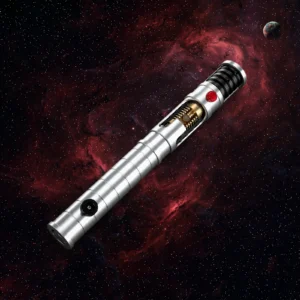 The Vos lightsaber hilt with exposed crystal chamber drifting over a starry space background
