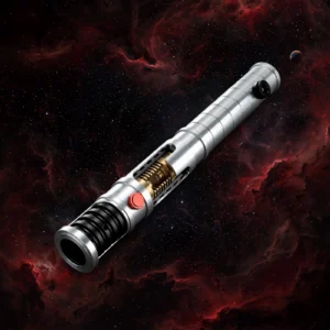 The Vos lightsaber hilt angled over space showing the exposed crystal chamber detail