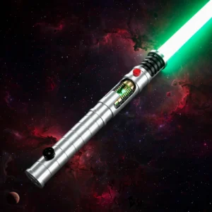 The Exarch chrome lightsaber with exposed crystal chamber and green ignited blade over a space background