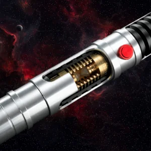 Side view of The Vos lightsaber hilt with crystal chamber over a nebula space background