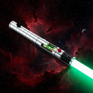 The Vos lightsaber with polished chrome hilt and glowing crystal chamber against deep space