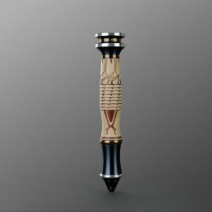 The Shogun xenopixel lightsaber hilt standing vertical — ivory body with crimson etching, black emitter and pommel