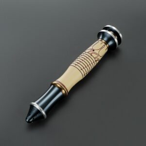 The Shogun xenopixel lightsaber hilt at an angle — ivory body with crimson etching