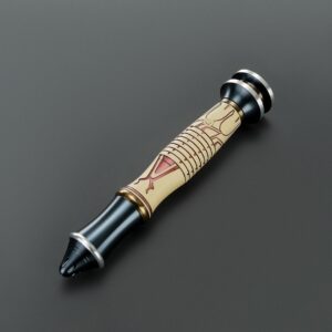 The Shogun lightsaber hilt angled view showing the back — ivory body with crimson etching