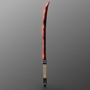 The Shogun lightsaber full view with red blade ignited — ivory hilt with crimson etching
