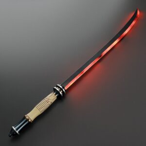 The Shogun lightsaber angled with red blade ignited — ivory hilt with crimson etching