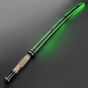 The Shogun lightsaber angled with green blade ignited — ivory hilt with crimson etching